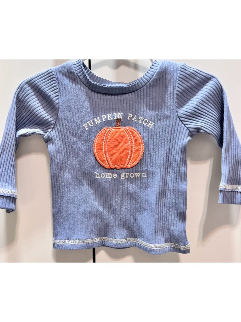 Mud Pie 3m 6m NWOT blue shirt Pumpkin Patch Halloween Thanksgiving Home grown